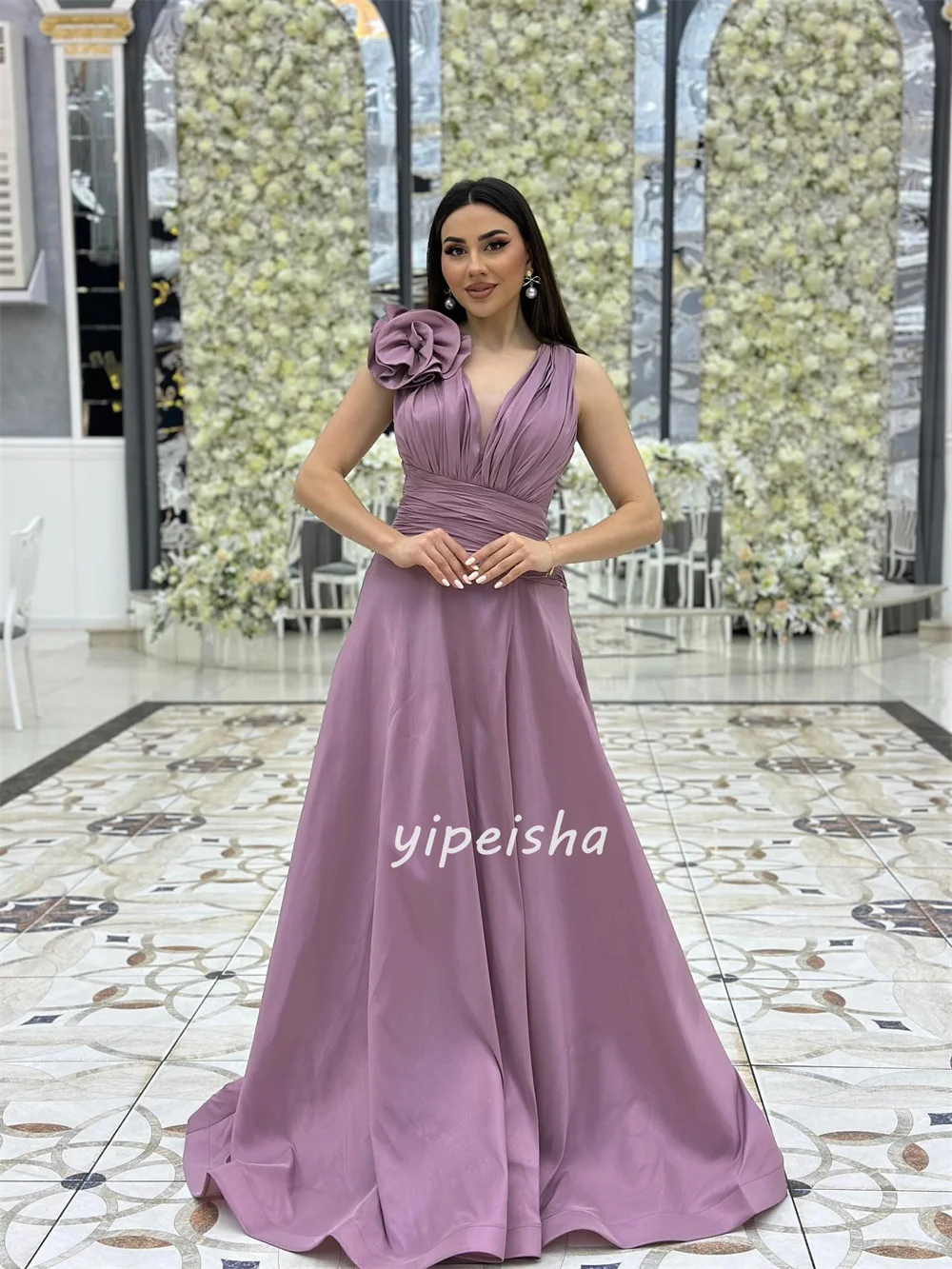 Customized Modern Style Matching Handmade Flower Ruched A-line V-neck Long Dresses Bespoke Occasion Dresses Sizes Available Sexy