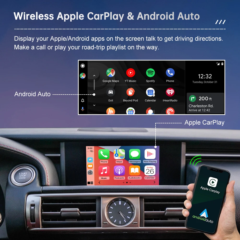 Road Top Wireless CarPlay for Lexus IS 350 2014-2019, with Android Auto Mirror Link AirPlay Car Player GPS Rear Camera Functions