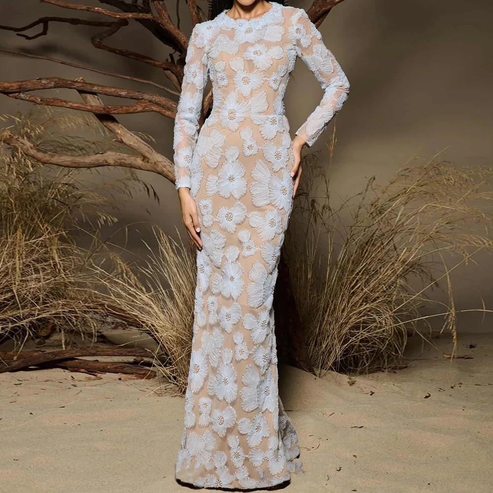 

Women's Mermaid Evening Dresses Floor-length O-neck Full Sleeve Prom Gown Fashion Flowers Beading Simple Draped Customized Gowns