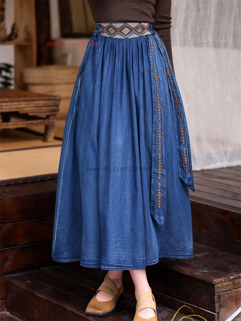 

2024 chinese vintage skirt national flower embroidered denim skirt oriental traditional folk a-line elastic waist ethnic skirt