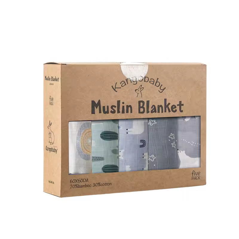 Kangobaby #My Soft Life# 5 Pieces Pack Multi-Functional Bamboo Cotton Muslin Blanket Baby Burp Cloth Set - Image 9