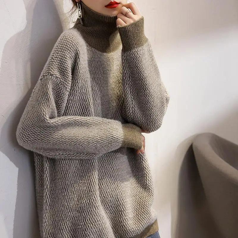 Women\'s Clothing Commute Vintage Turtleneck Jumpers Autumn Winter New Stylish All-match Patchwork Long Sleeve Knitted Sweaters