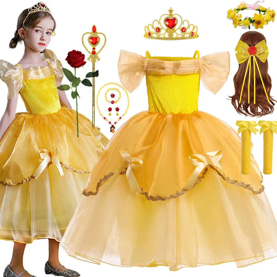 

Halloween Beauty Belle Cosplay Dress Girls Yellow Velvet Princess Costume Children Off Shoulder Beauty And Beast Elegant Gown