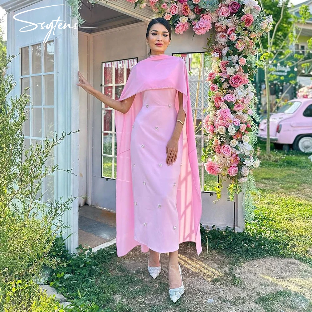 SSYTENS Pink Evening Dresses With Cape Ankle Length Prom Party Dress 2025 Garden Formal Occasion Prom Gowns For Women Vestidos