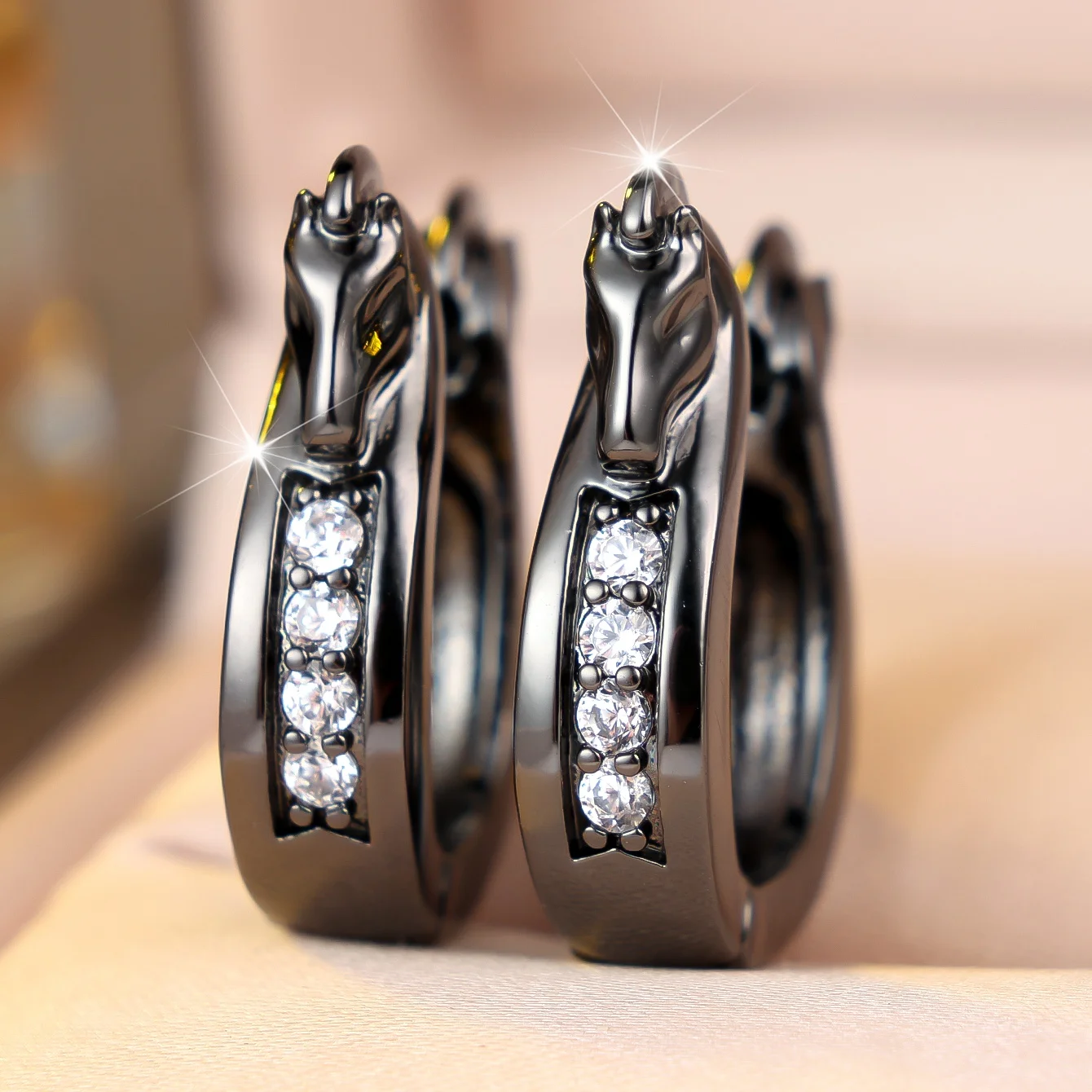 Animal Female White Stone Horse Hoop Earrings Trendy Fashion Black Gold Color Wedding Jewelry For Women