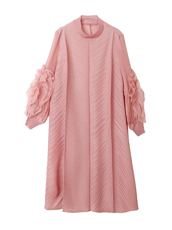 ヘビーウェイト花柄プリーツドレス 春秋新作 スタイリッシュなハイファッション プラスサイズ ゆったりスタンドカラー スパイラルスカート レディースドレス