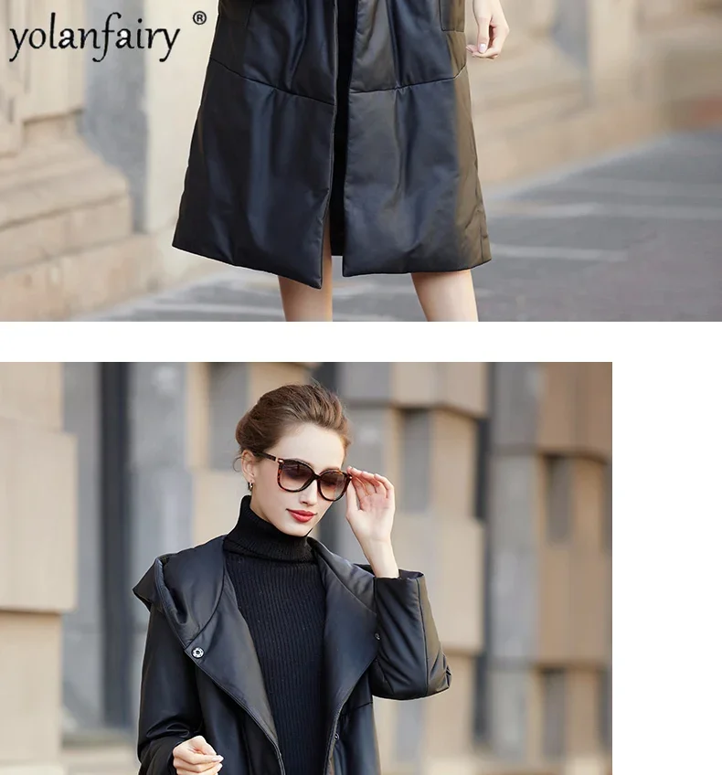 2023 Winter New Genuine Leather Down Coat Women\'s Sheepskin Hood Jacket Women Elegant Loose Thickened Long Coats Veste Femme FCY