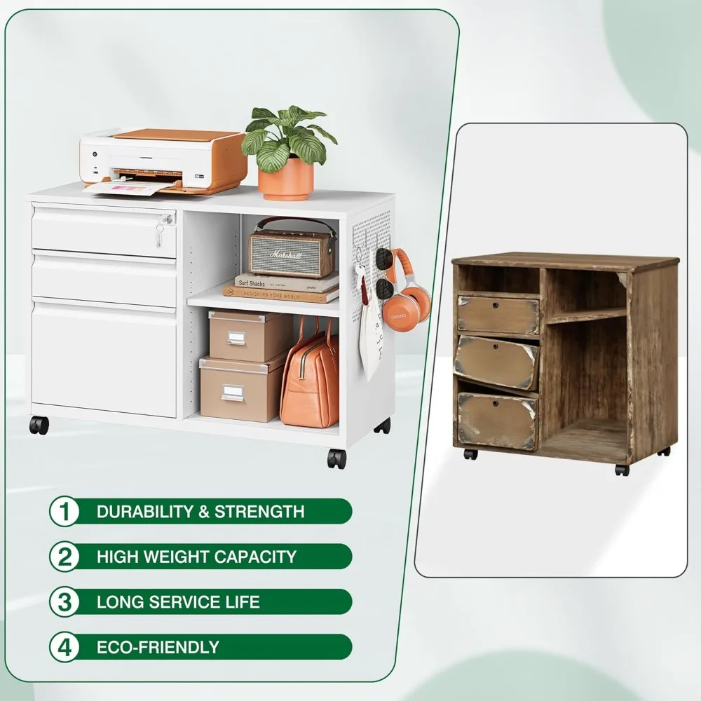 خزانة ملفات معدنية آمنة ذات 3 أدراج على عجلات، نظام حفظ الملفات الجانبي مع قفل، خزانة تخزين مع أرفف للمنزل والمكتب Orga