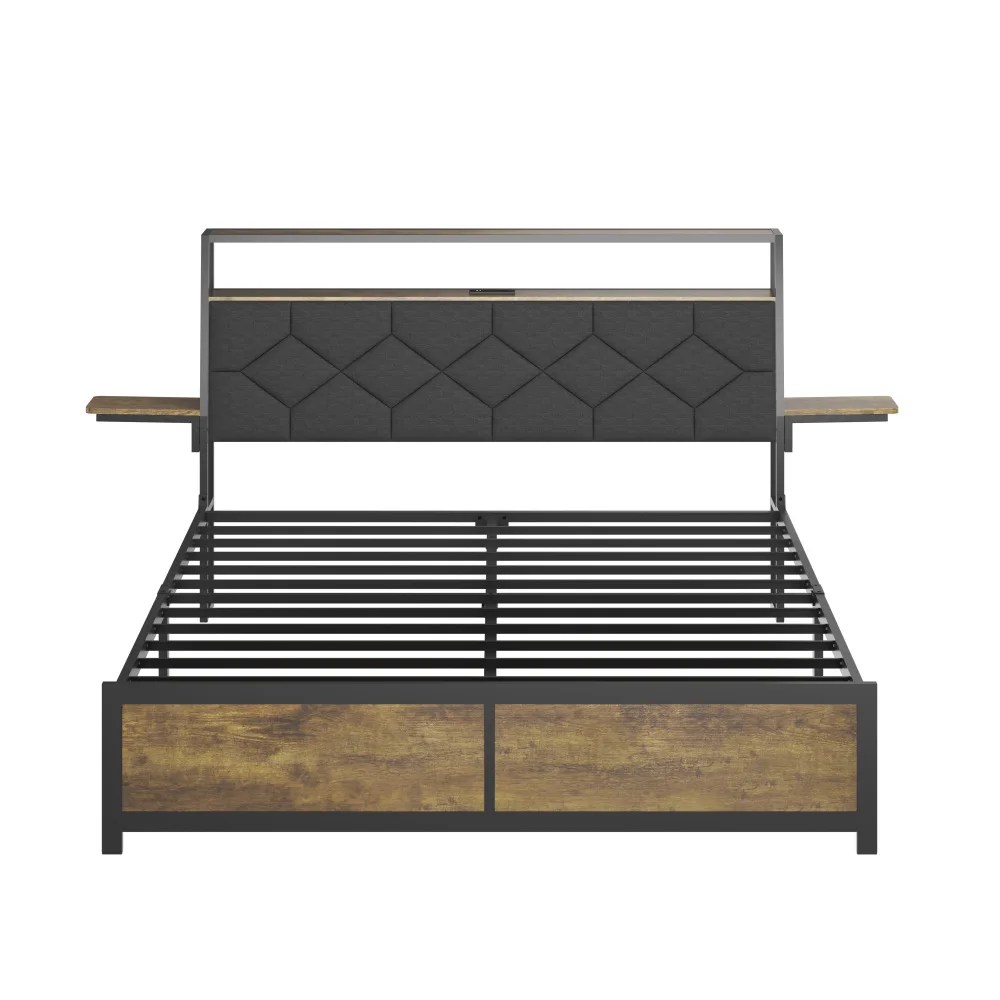 

Queen Bed Frame With Storage Headboard, Built-in Charging Station, RGB LED Lights, Side Shelf, No Box Spring Needed