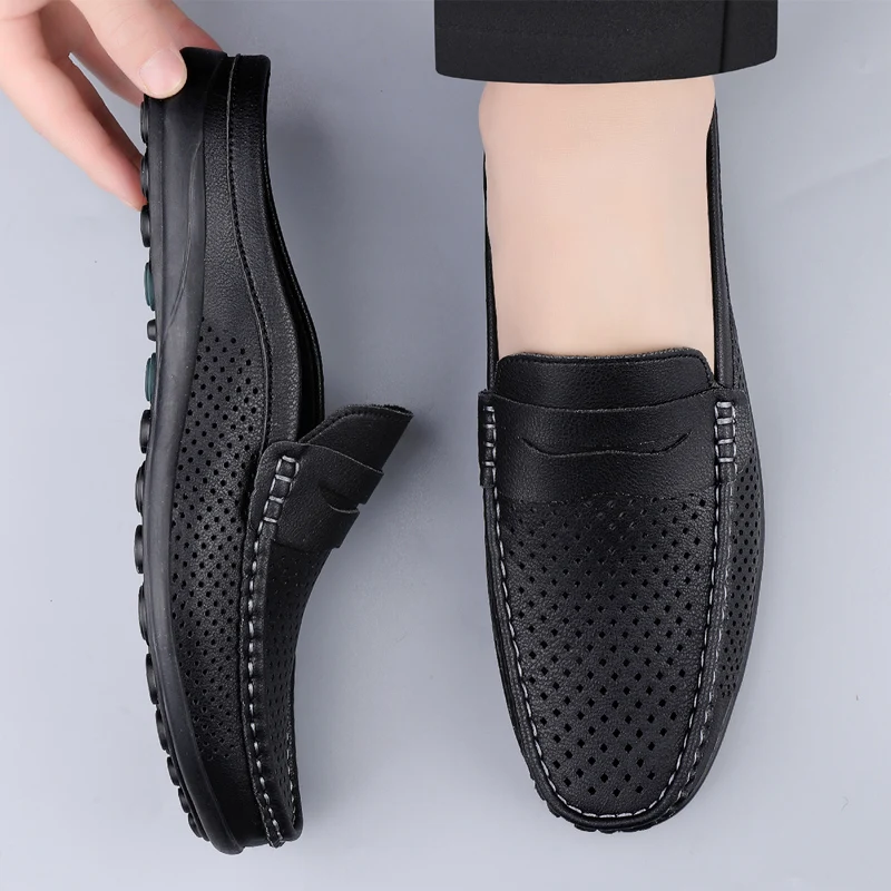 Men\'s shoes four seasonal new hollow out fashion leather shoes soft sole breathable non slip lightweight plus size casual shoes