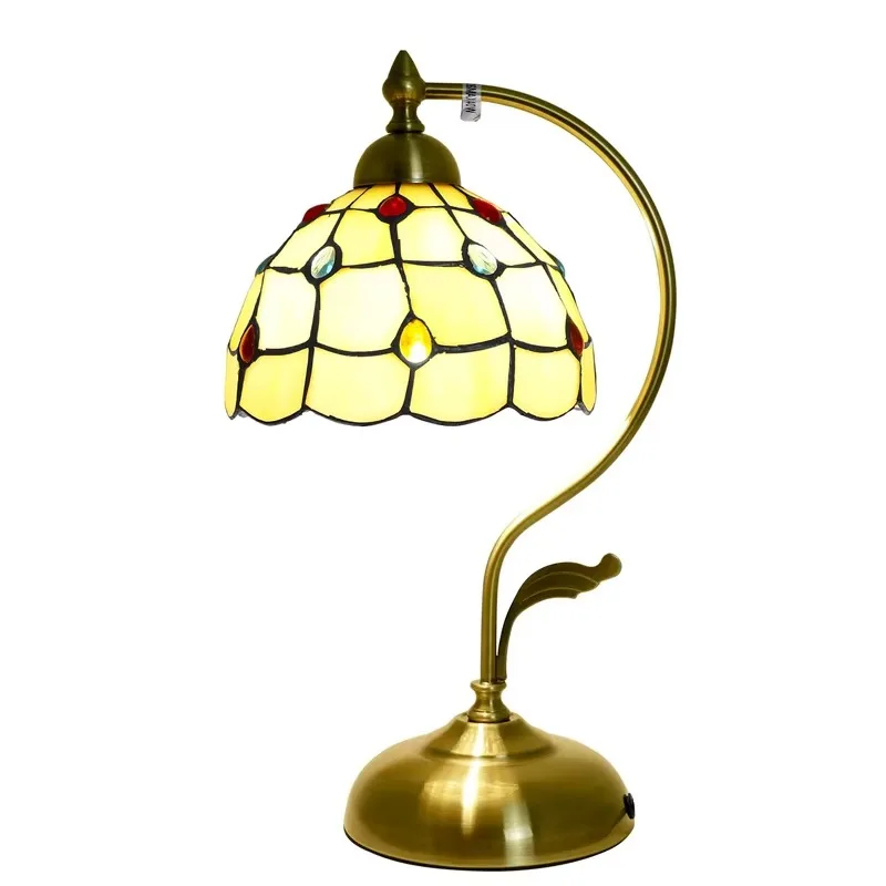 

Style Beige colored beads, decorative stained glass lamp, metal leaf iron base, romantic reading lamp desk lamp