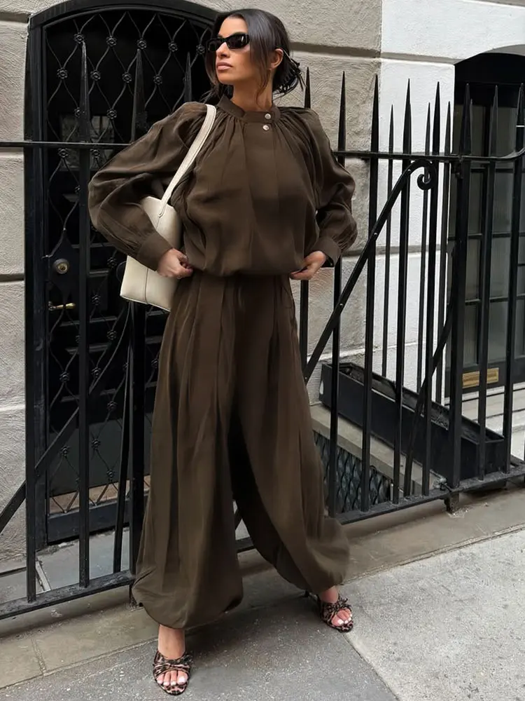 Übergroße Laternenärmel-Mantel-Hosen-Sets für Damen, Streetwear mit Kordelzug, Plissierte Jacken, Laternenhosen, Schicke Damen-Outfits in Unifarben und Loser Passform – Detail 9