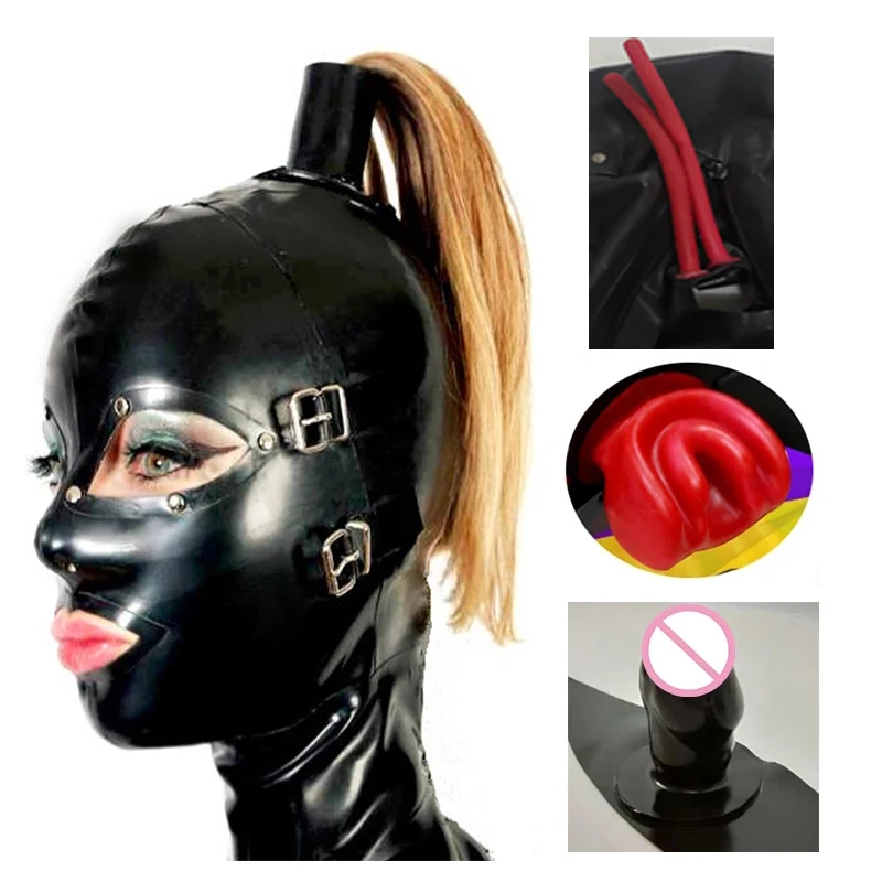 Masque en caoutchouc à capuche en latex avec long tube antarctique, bouche, dents, bâillon, bouchon, perfectionnez les yeux et la bouche, fétiche, fermeture à glissière au dos