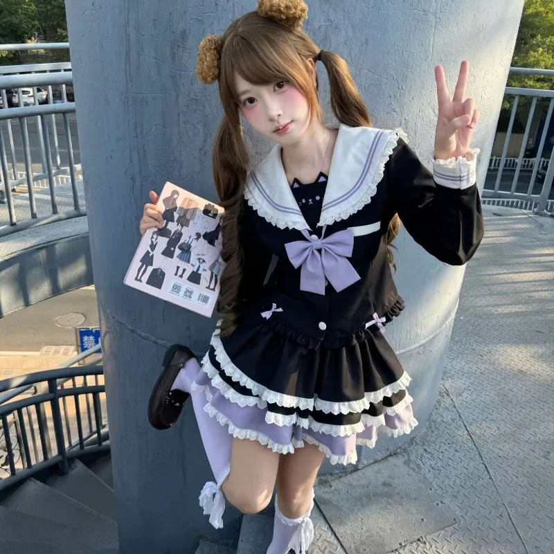 Frühling Herbst Neue Japanische Lolita JK Kleidung Preppy-Stil Rock-Sets Gothic Mädchen Matrosenkragen-Oberteile+Tüllröcke Zweiteilige Sets