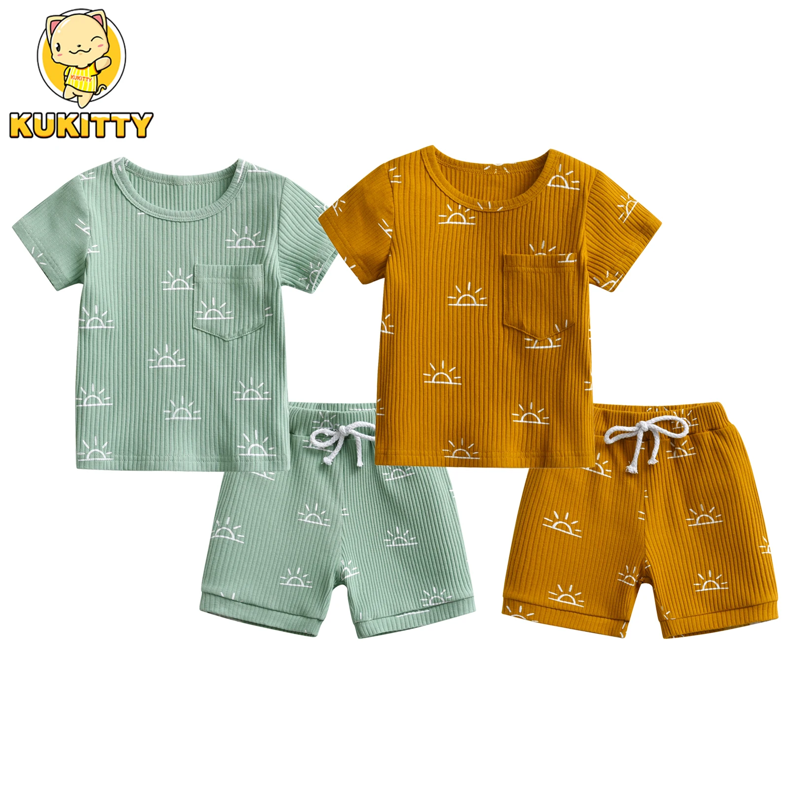 Kukitty New Summer Toddler Baby Boys 2pcs Clothes Set Knitted Short Sleeve T-shirt Top and Short Pants Casual Outfit Set Suit