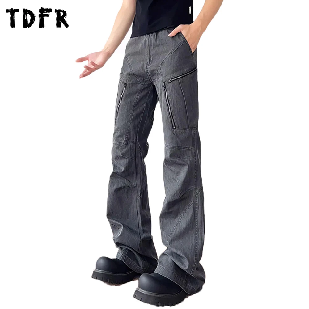 

Retro Pocket Cargo Pants Mens Solid Color Safari Style Spliced Distressed Straight Flare Pants Man Trousers