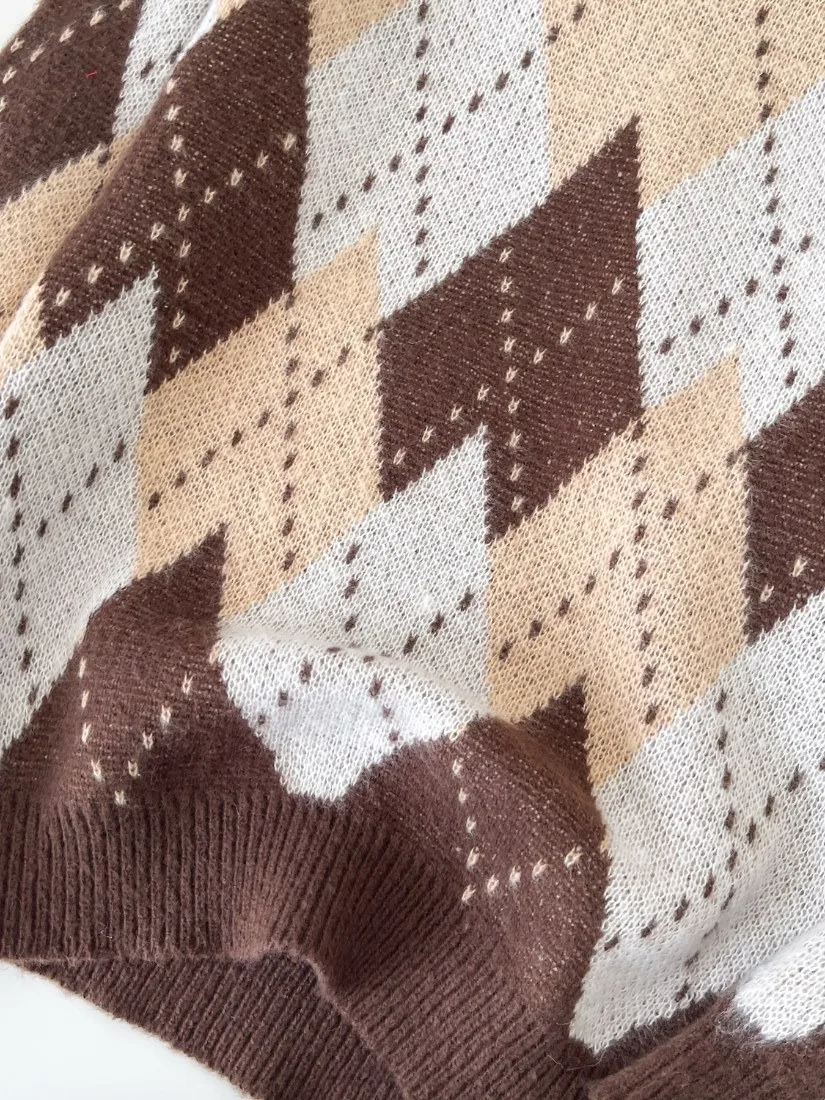 Foamlina European Diamond Round Neck Long Sleeve Knit Sweater Women Autumn Loose Flattering Street Style Relaxed Lazy Sweet Top