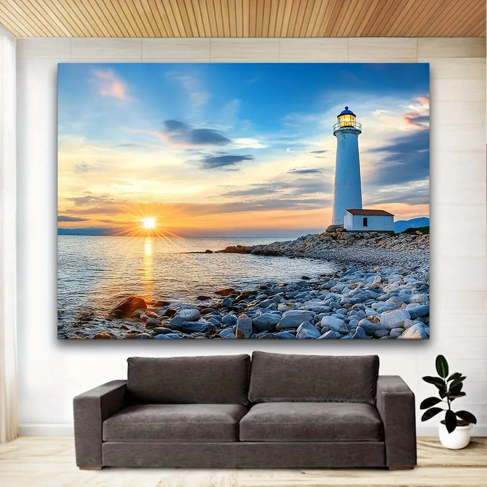 Sunset Lighthouse Coastal Tapestry: Golden Seaside Scene Pattern Serene Modern Wall Decor for Living Room Dining Room