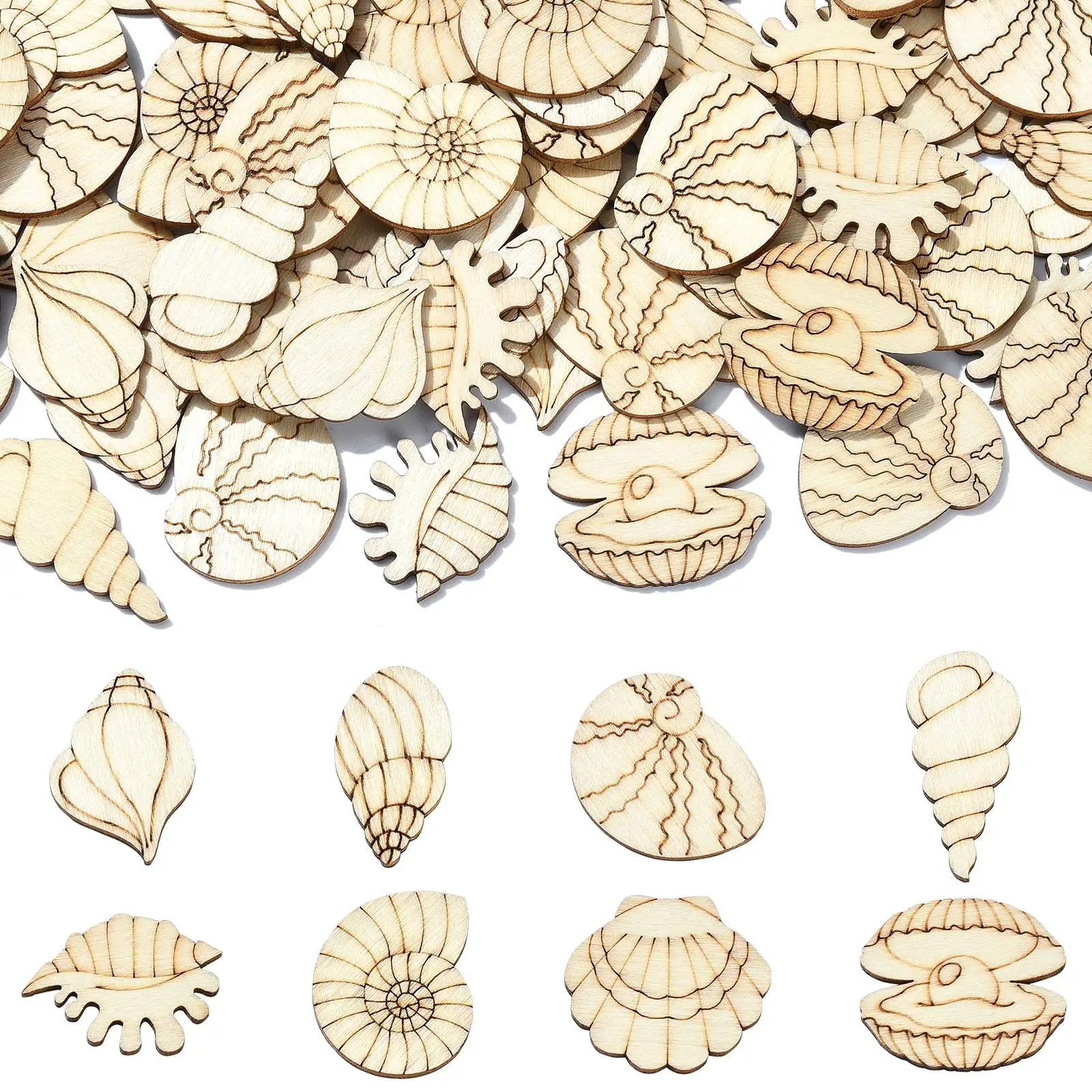 Pandahall 200Pcs Random Ocean Theme Wood Cutouts Unfinished Sea Shell Animal Blank Wooden Paint Crafts for Party Home Decor