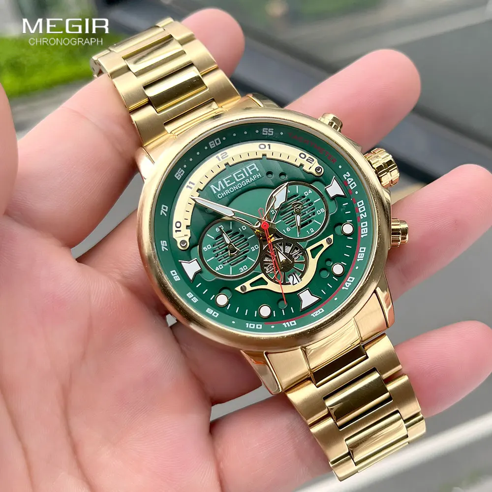 MEGIR Gold Green Quartz Watch for Men Fashion Stainless Steel Chronograph Luminous Wristwatch with Auto Date 24-hour Waterproof