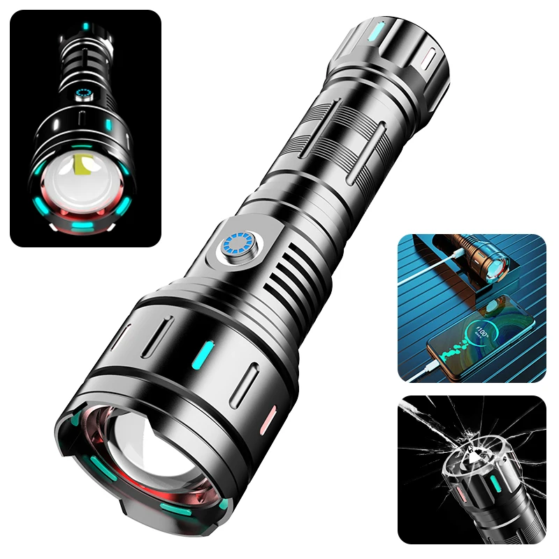 Ultra Bright LED Flashlight Powerful Tactical Torch COB Built-in Battery Emergency Camping Spotlights Tail Light Outdoor Hiking