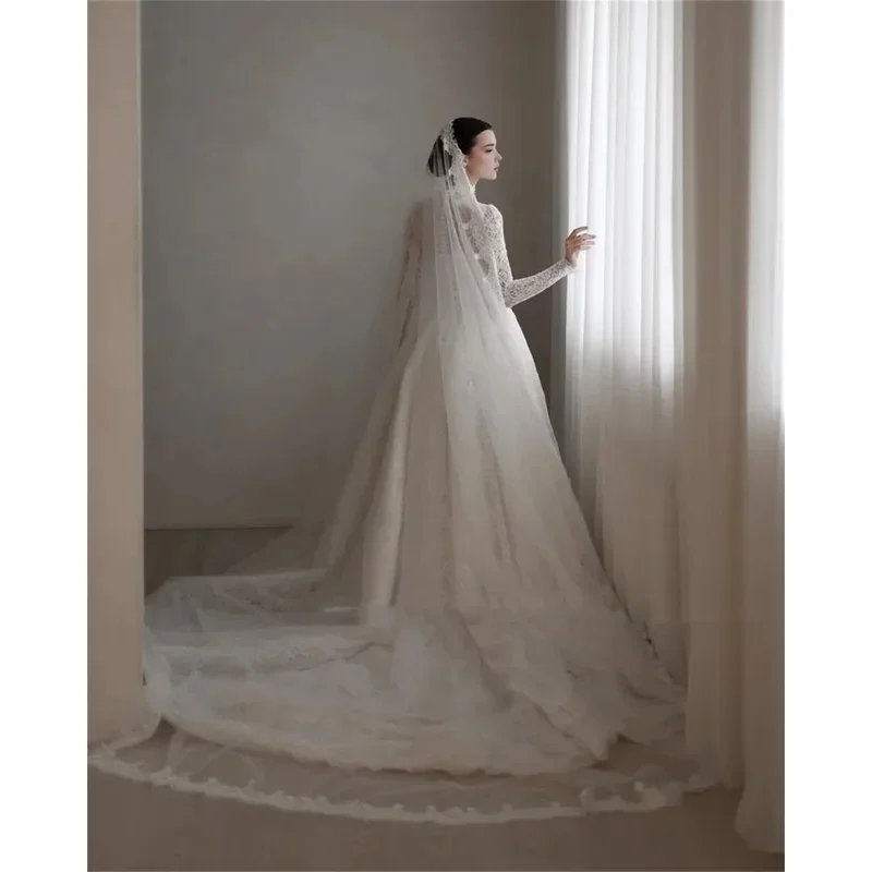 Angepasst Spitze A-linie Brautkleider Bodenlangen Volle Ärmel Braut Kleider High Neck Zipper Zurück Schärpen vestidos de novia