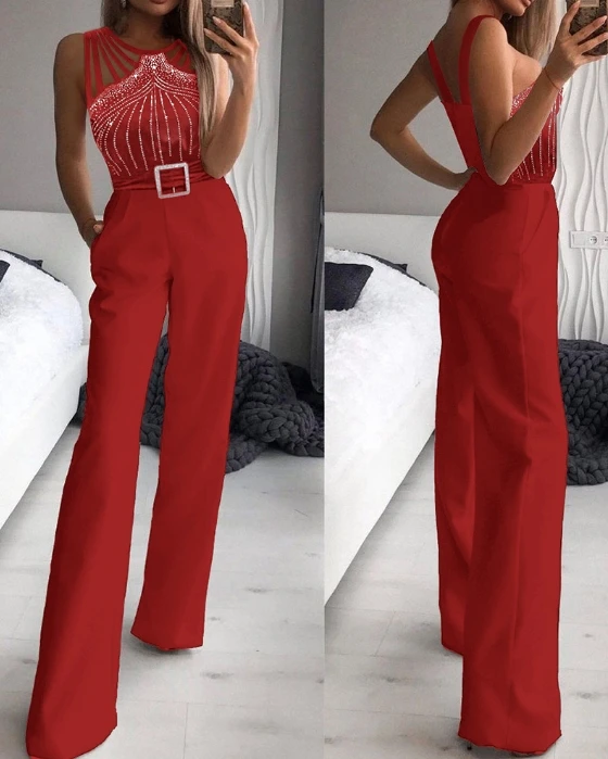 Women's Urban Fashion Romper Bodysuit 2025 Spring Summer Latest Multi Strap Sleeveless Rhinestone Bootcut High Waist Jumpsuit