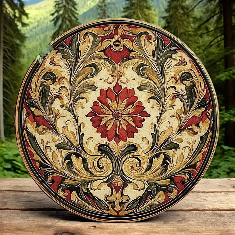 Vintage Renaissance Floral Wall Art 20.32cm Round Hand-Painted Red Gold Green Black Frameless Outdoor Garden Decor for Bedroom L