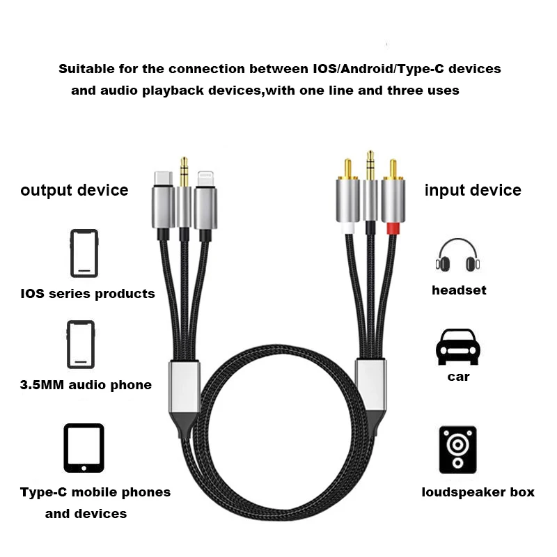 Three Drag And Three Turn DC3.5mm+2RCA Audio Cable 3.5mm Multifunctional Typec Android Connection Double Lotus RCA Audio Cable