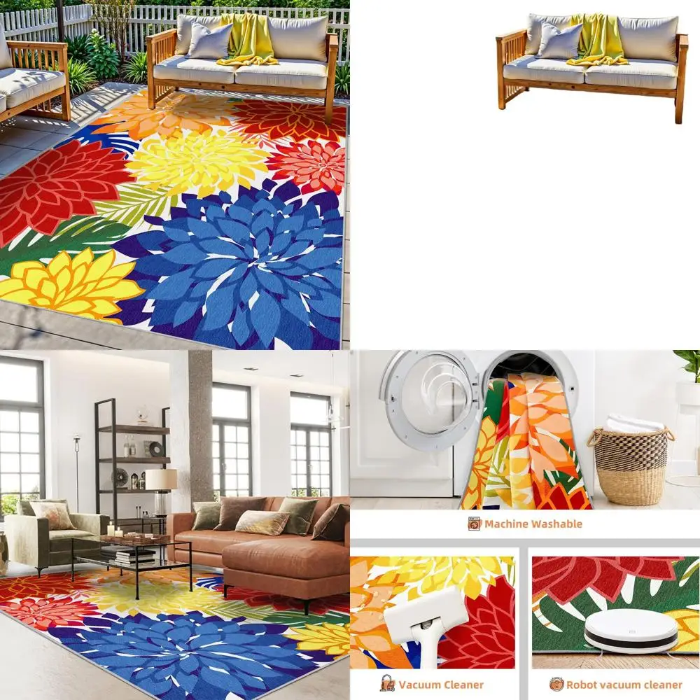 

Разноцветный уличный ковер 6x9 с тропическим ботаническим цветочным узором - водонепроницаемый, моющийся, нескользящий, для патио и террасы
