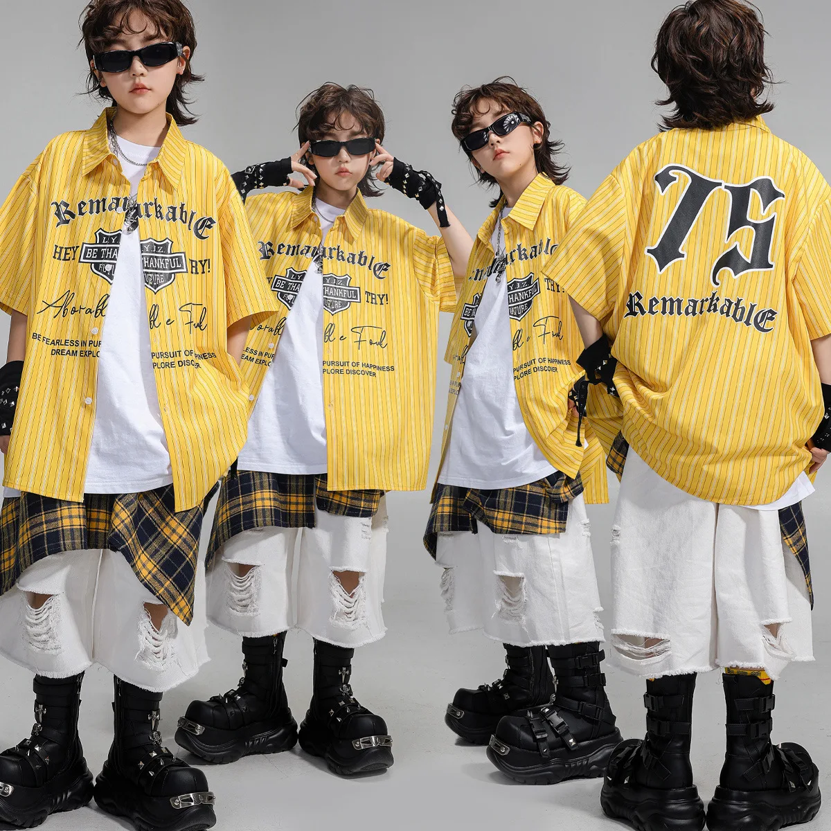 

Kid Kpop Hip Hop Clothing Yellow Short Sleeve Striped Shirt Top White Distressed Shorts for Girl Boy Jazz Dance Costume Clothes