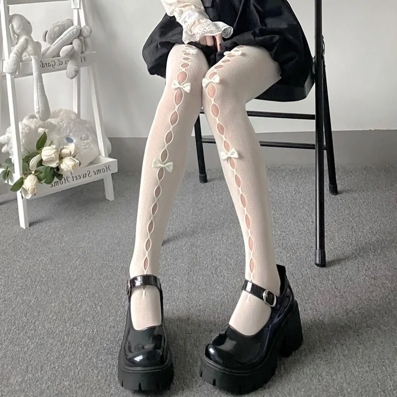 Collants japonais Sweet Lolita pour femmes, chaussettes à nœud blanc Kawaii, style JK féminin, bas résille sexy noirs, chaussettes hautes