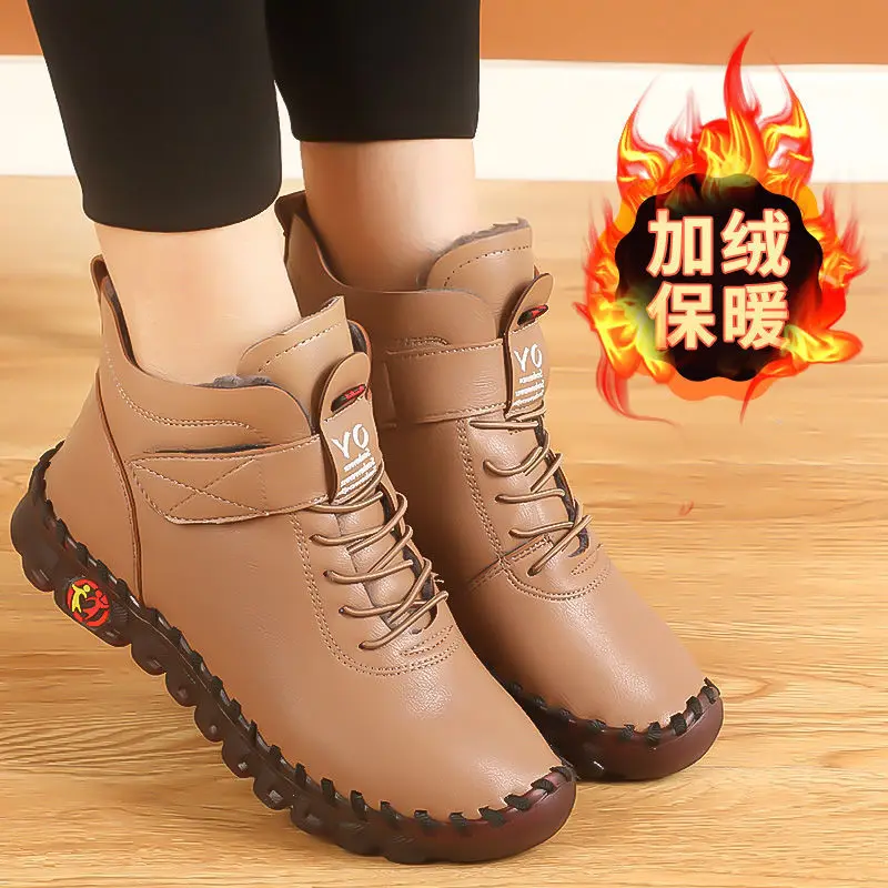 

Cotton shoes winter leather warm plus velvet thickened soft bottom short boots flat bottom leather shoes ladies cotton boots