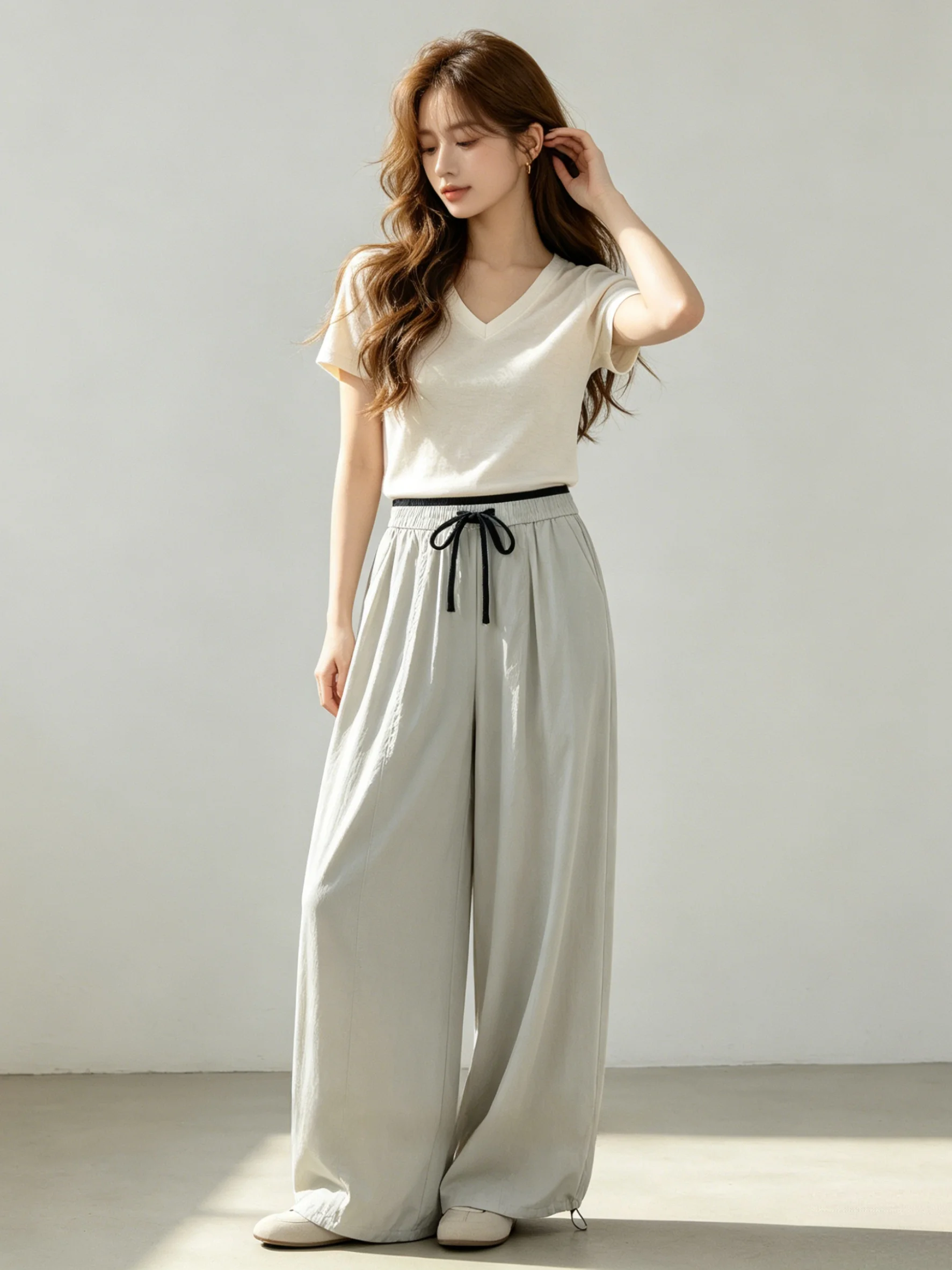 

Skin-friendly Breathable Wide-leg Casual Pants Summer Simple Pure Color Knot High-waist Elastic Loose Fit Ladies Fashion
