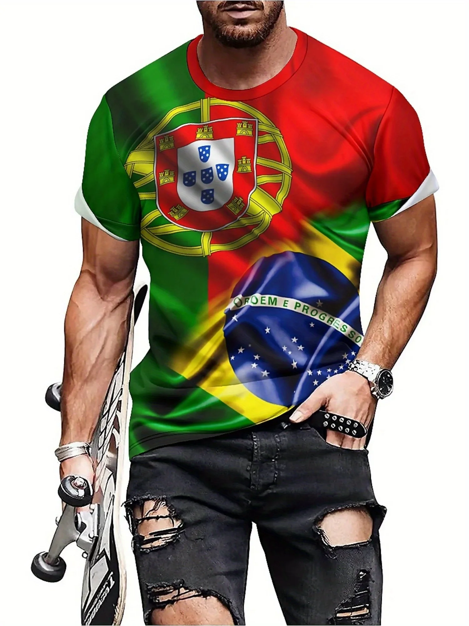 メンズ＆レディース ブラジル国旗カラーTシャツ - ポルトガル＆ブラジル国旗デザイン入り滑らかポリエステル生地Tシャツ