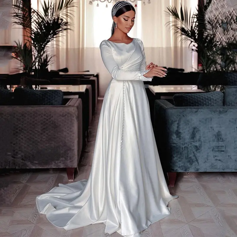 Elegant Satin Custom Made A Line Wedding Dress For Women 2024 Buttons Front Bride Gowns Long Sleeve Simple Vestido De Mariages