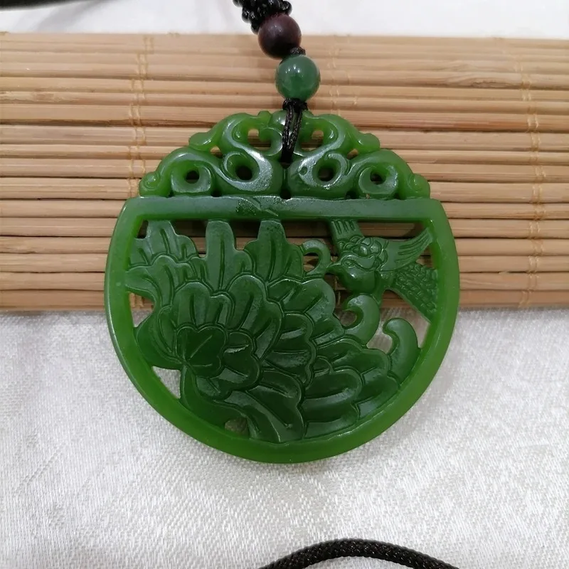 Natural Green Hand Carved Magpie Peony Jade Pendant Fashion Boutique Jewelry Men's and Women's Necklace Gift Accessories