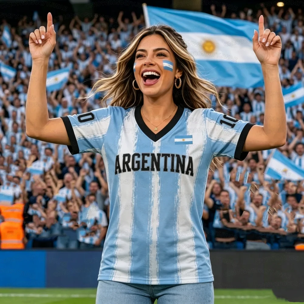 Summer Women's Men's Argentina Print V-Neck Short Sleeve T-Shirt Graphic Tee Jerseys Plus Size Sport T-Shirt Soccer Fans view 4