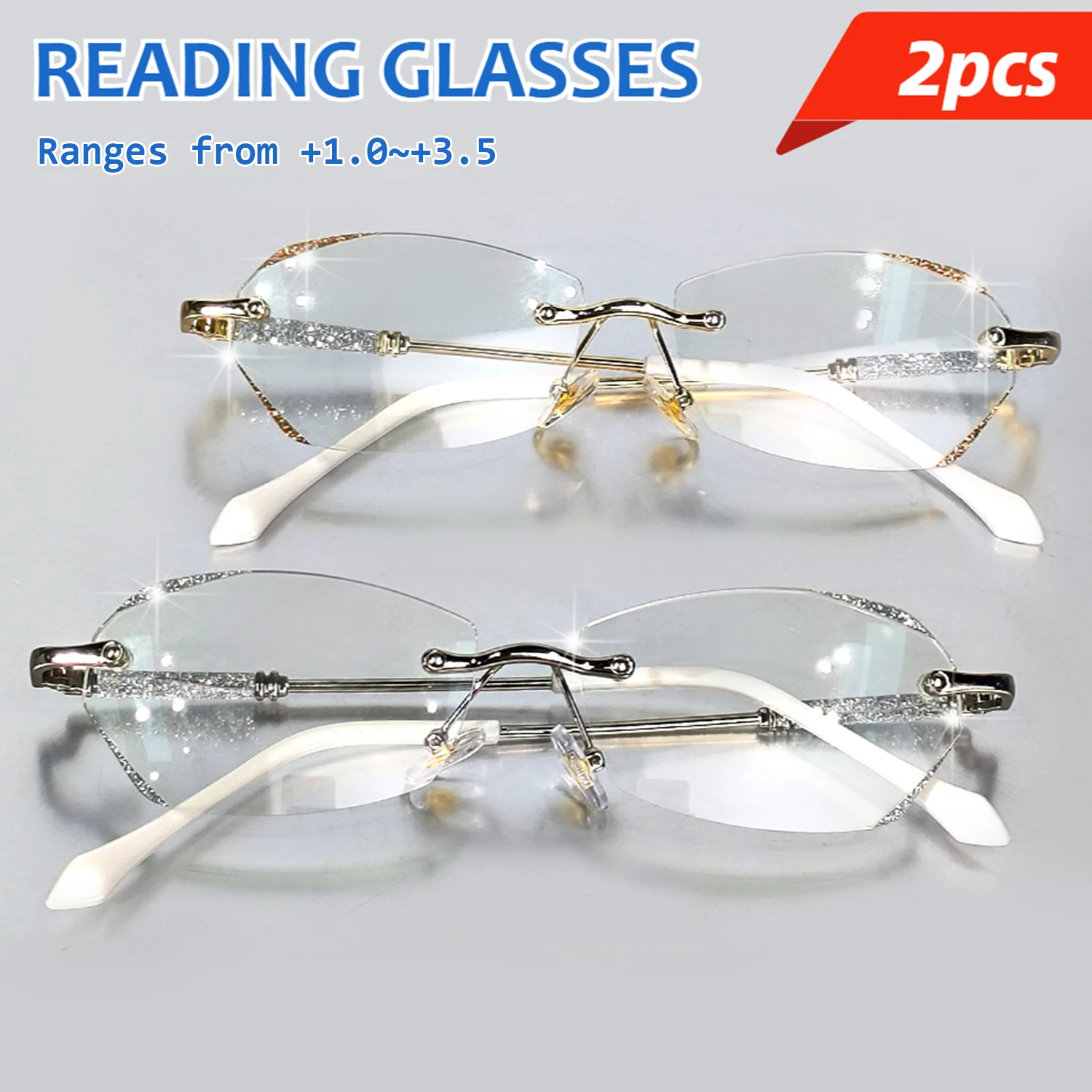 Rimless Glitter Reading Glasses for Women Diamond‑Cut Edge Metal Temple Fashion Presbyopic Glasses HD Lens Stylish Spectacles
