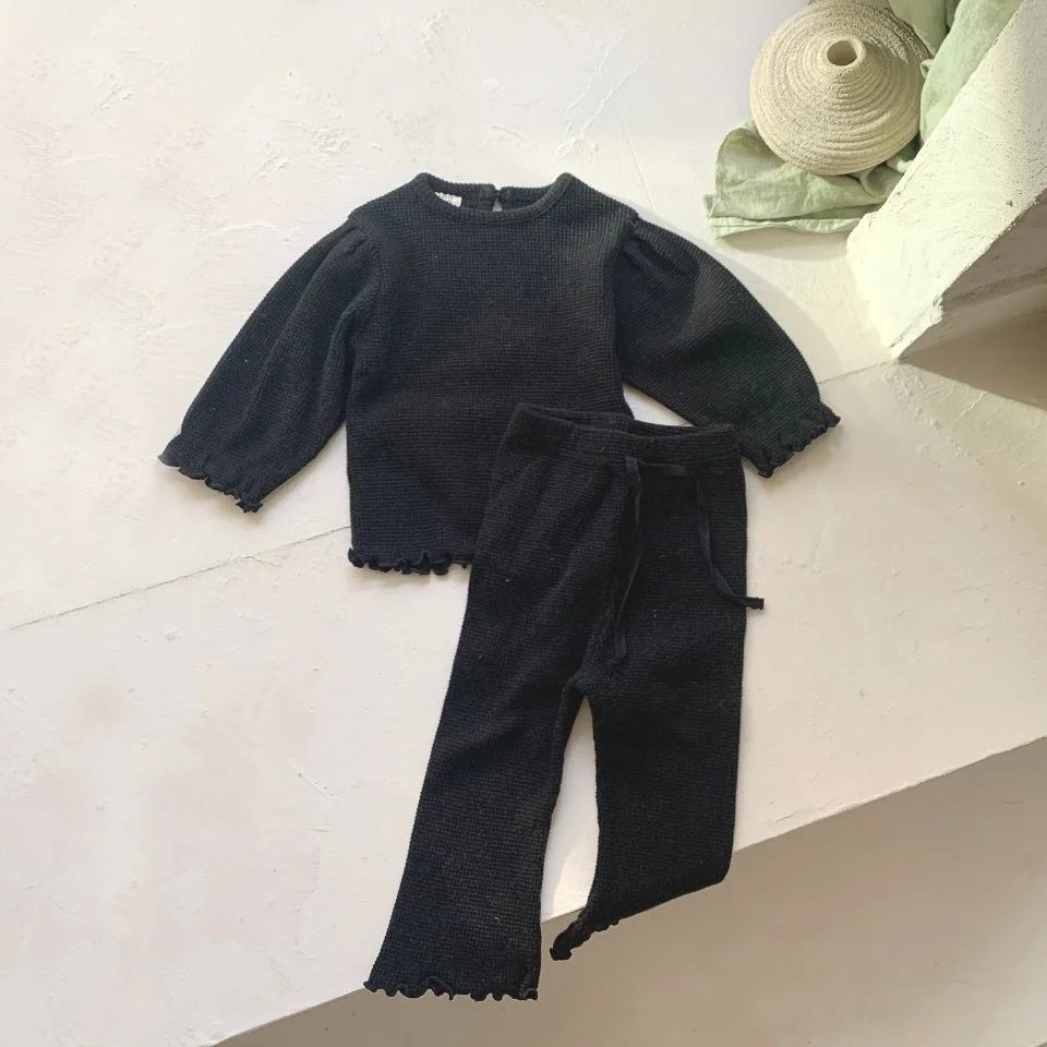 5472 Baby Clothing Set Autumn Korea Waffle Girl's Suit Long-sleeved T-shirt+ Wavy Hemmed Bell Bottoms Two Piece Suit
