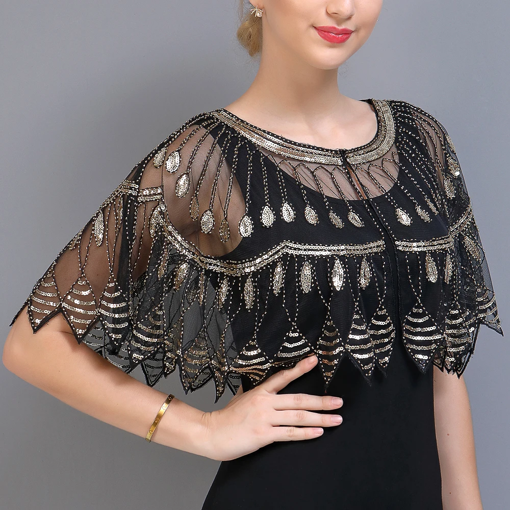 Women 1920s Flapper Shawl Wraps Beaded Sequin Art Deco Evening Cape Bolero Cover Up Gatsby Party Dress Shawl Costume Accessory