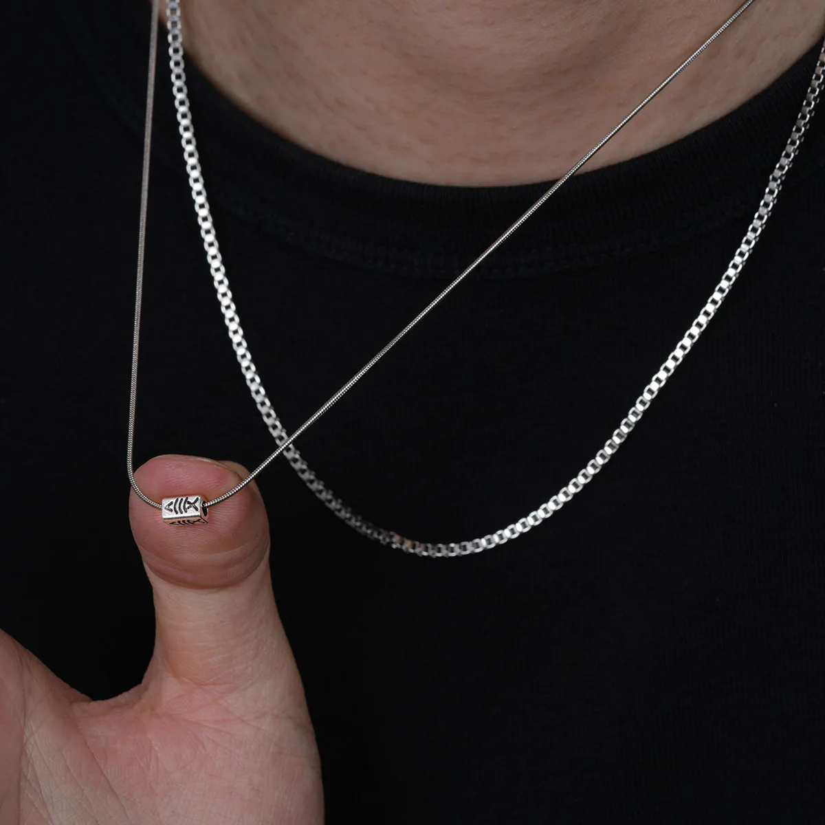 Silver Fishbone Bead Layered Necklace Stainless Steel Box Snake Chain Double Layer Minimalist Hip Hop Jewelry Men Women Unisex