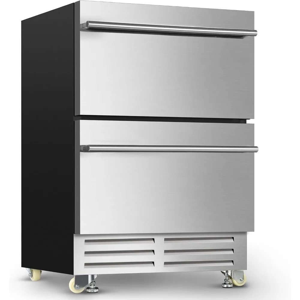 

24 Inch Dual Drawer Fridge Under Counter with Wheels, Outdoor Beverage Refrigerator for Patio, Stainless Steel Weather-Proof