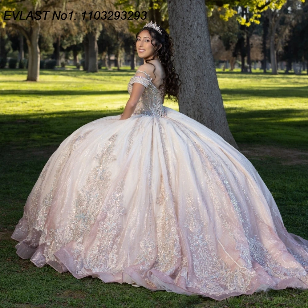 

EVLAST индивидуальное розовое бальное платье 2026 года, платье Quinceanera с открытыми плечами и аппликацией из бисера, корсет Sweet 16, Vestidos De 15 Anos E1QN371