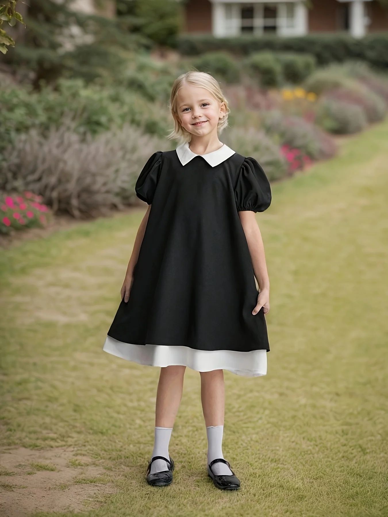 Girl's Wednesday Dress Peter Pan Collar Black White Kids 7-14Y Summer School Uniform Party Costumes Casual Puff Sleeve Dress