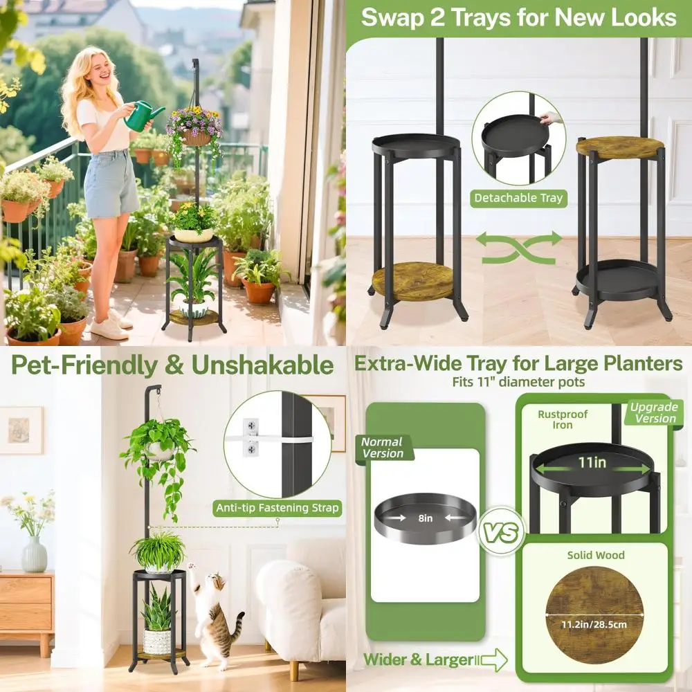 

Двухуровневая подвесная подставка для растений, прочный металл, большой держатель для горшков для гостиной или патио, черный и рустик-коричневый - круглая