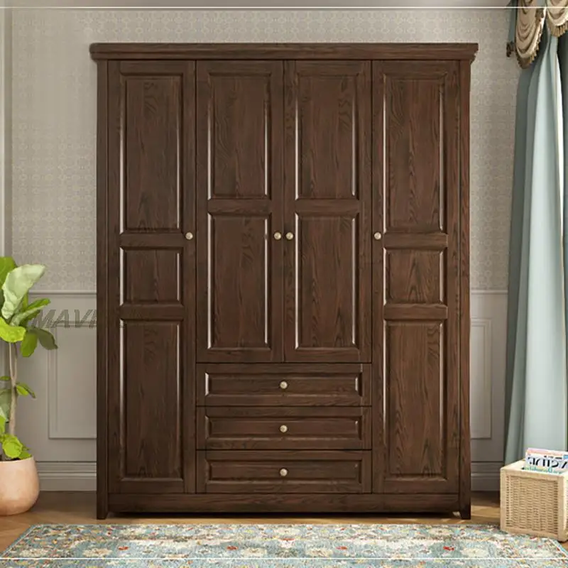 Walnut Country American Style Wardrobe Bedroom 7 Doors Clothes Hanging Cabinet Storage Large Capacity Drawer Furniture