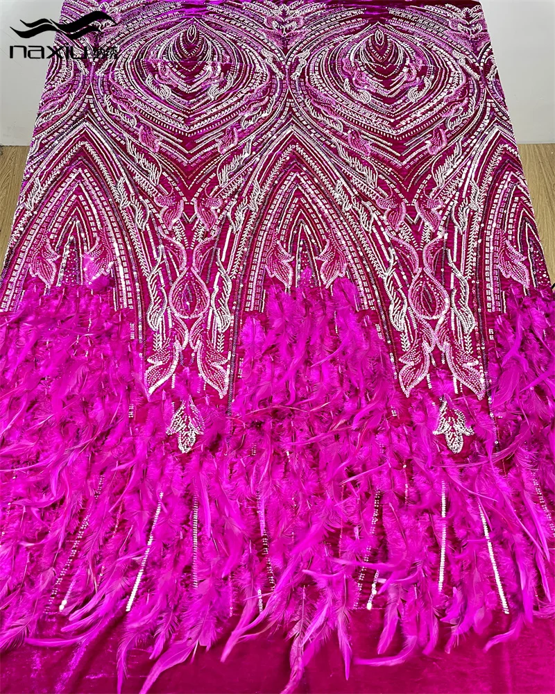 

Madison Luxurious African Velvet Net Mesh Lace Fabric 3d Feather Beads Embroidery Sequins French Lace for Nigerian Party Dress