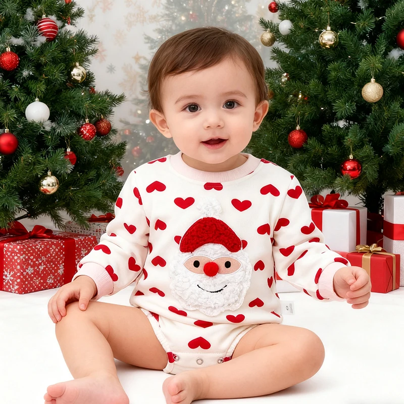 2025 New Year Clothing 0-24M Newborn Baby Boys Girls Bodysuits Long Sleeved Cartoon Velvet Jumpsuit Christmas Children Clothes