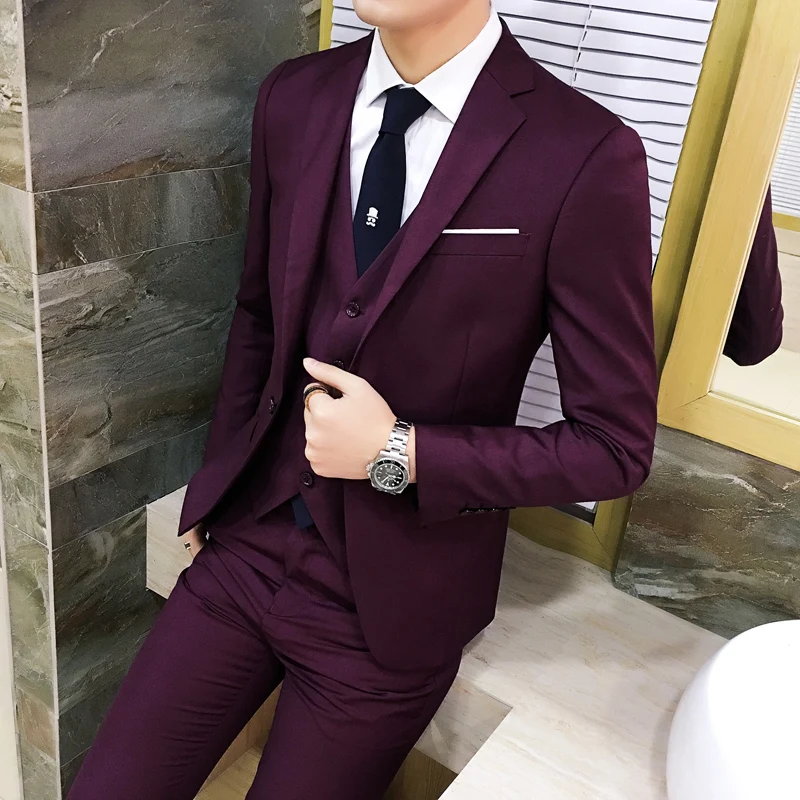 Suit Vest Pants 3 Pcs Set / 2023 Fashion New Men\'s Casual Boutique Business Solid Color Wedding Groom Suits Trousers Waistcoat